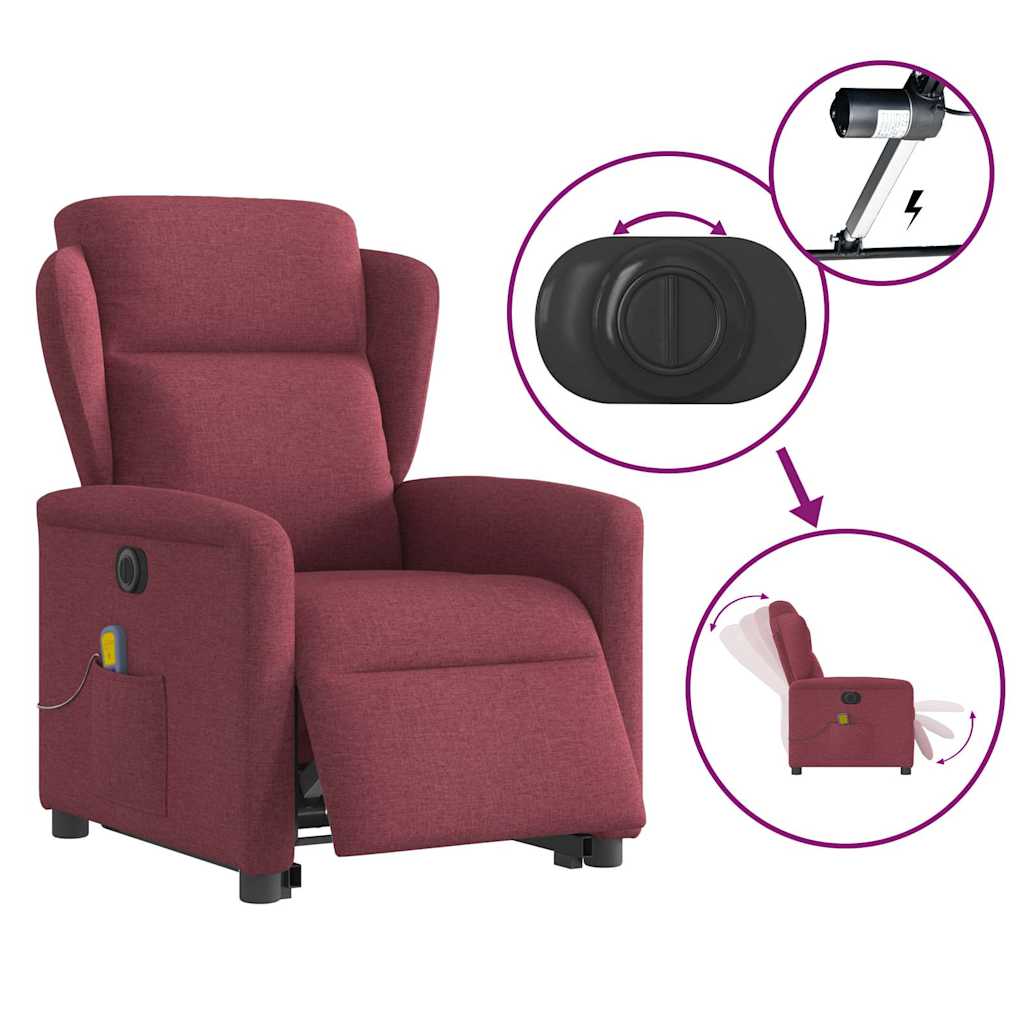 vidaXL Sillón de masaje eléctrico reclinable elevable tela rojo tinto