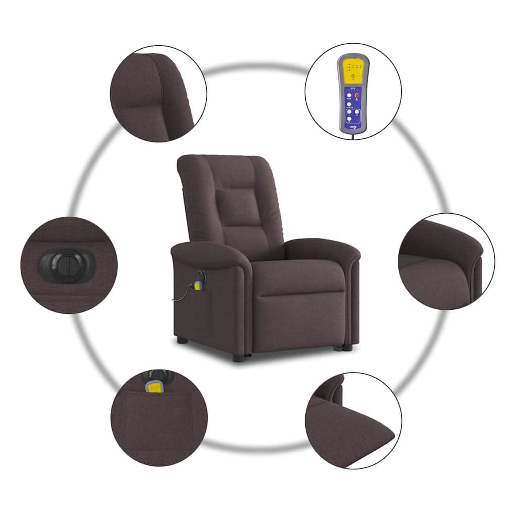 vidaXL Sillón masaje eléctrico reclinable elevable tela marrón oscuro