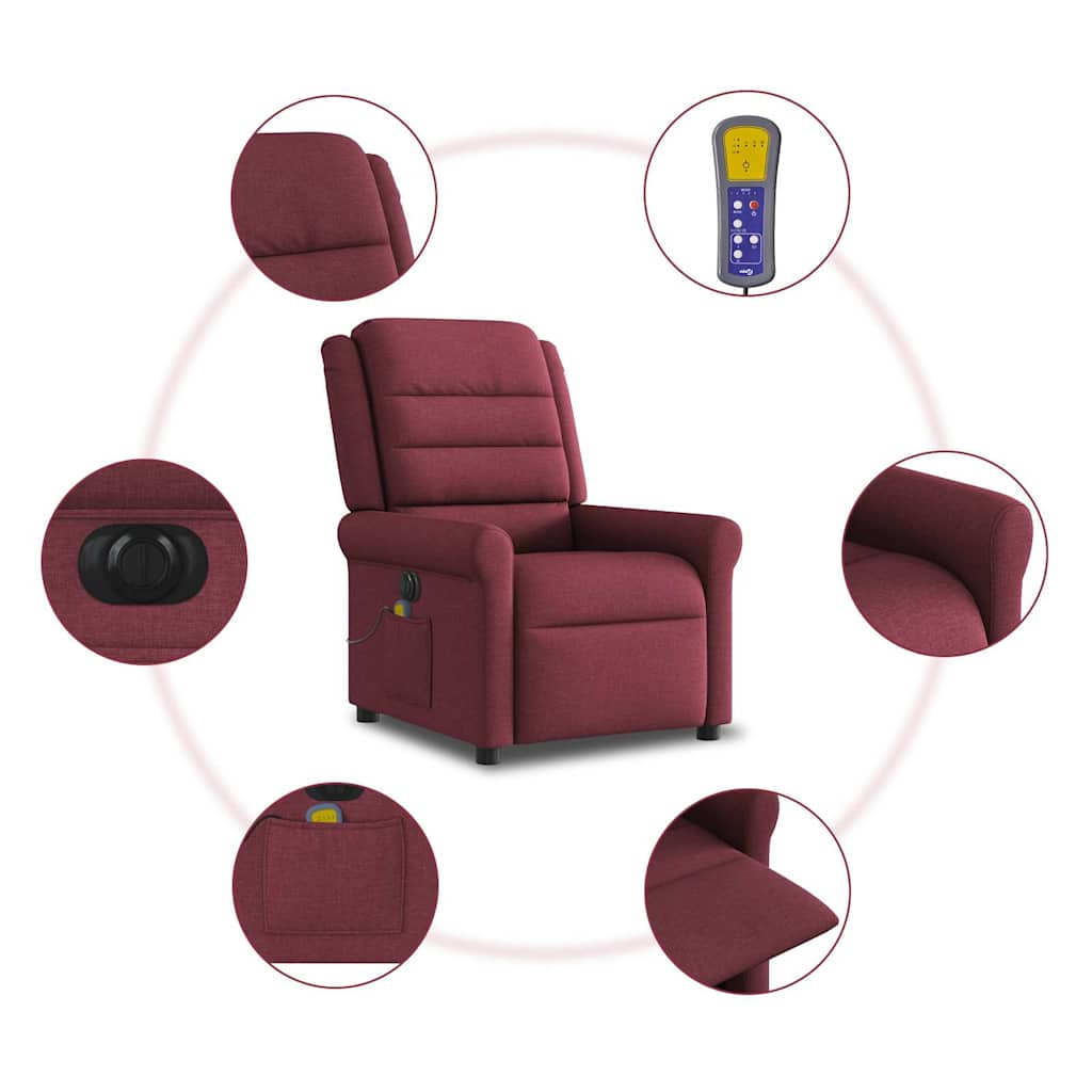 vidaXL Sillón de masaje reclinable eléctrico tela rojo tinto