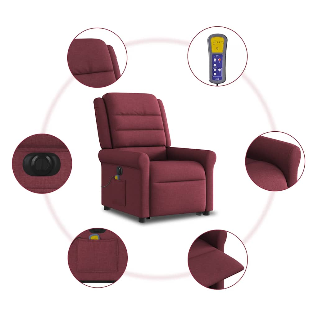 vidaXL Sillón de masaje eléctrico reclinable elevable tela rojo tinto