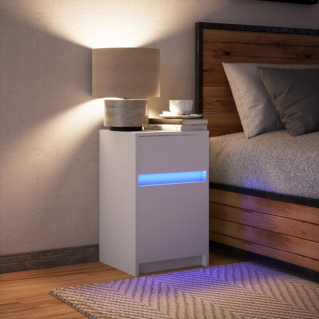 vidaXL Mesita de noche con luces LED madera de ingeniería blanca