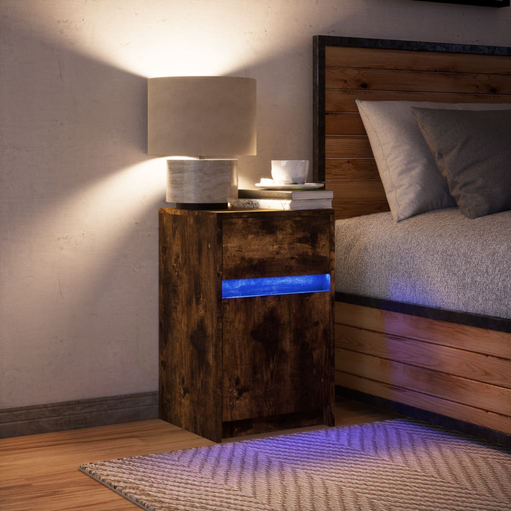 vidaXL Mesita de noche con luces LED madera ingeniería roble ahumado