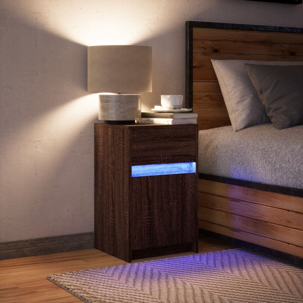 vidaXL Mesita de noche con luces LED madera de ingeniería roble marrón