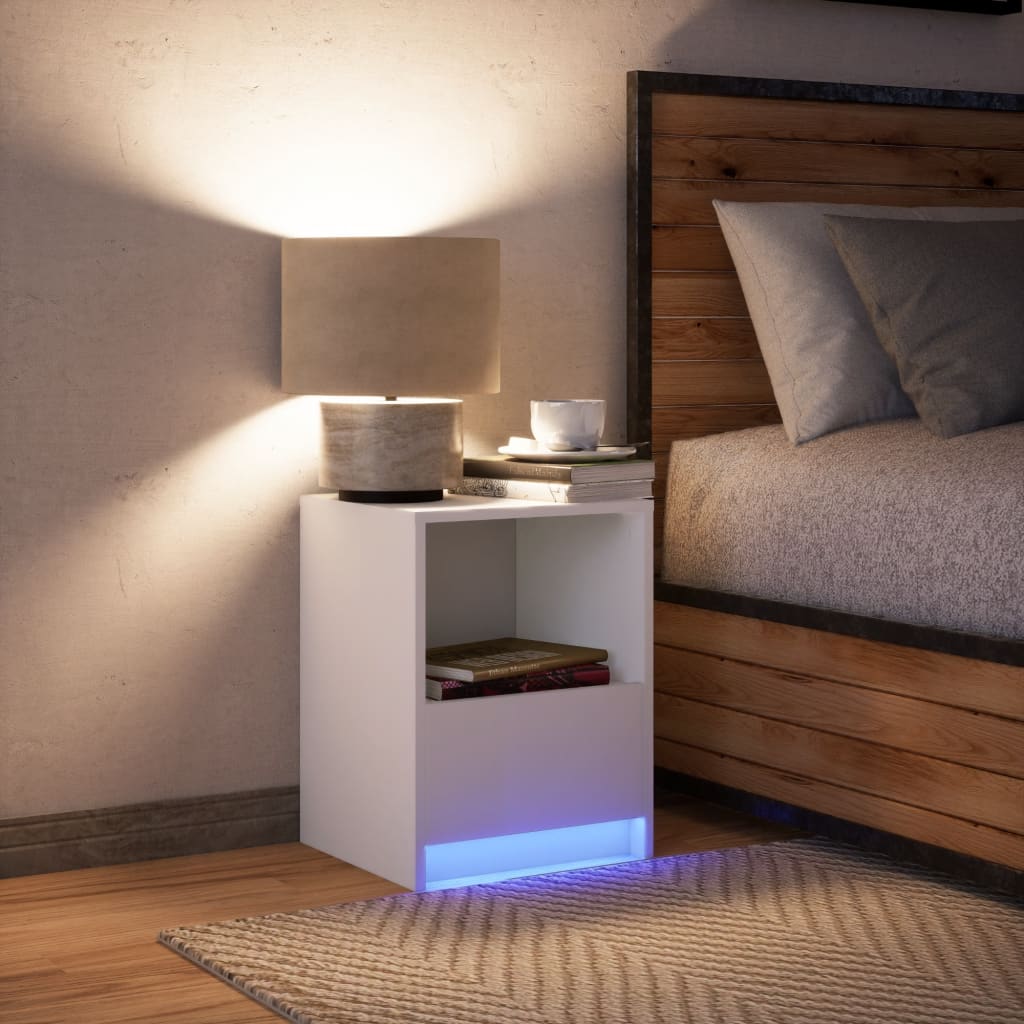 vidaXL Mesita de noche con luces LED madera de ingeniería blanca