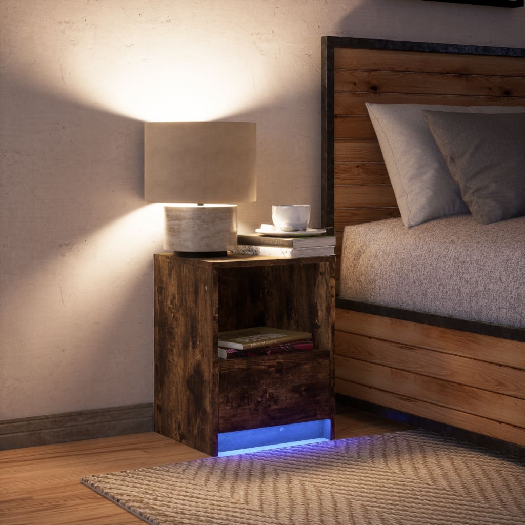 vidaXL Mesita de noche con luces LED madera ingeniería roble ahumado