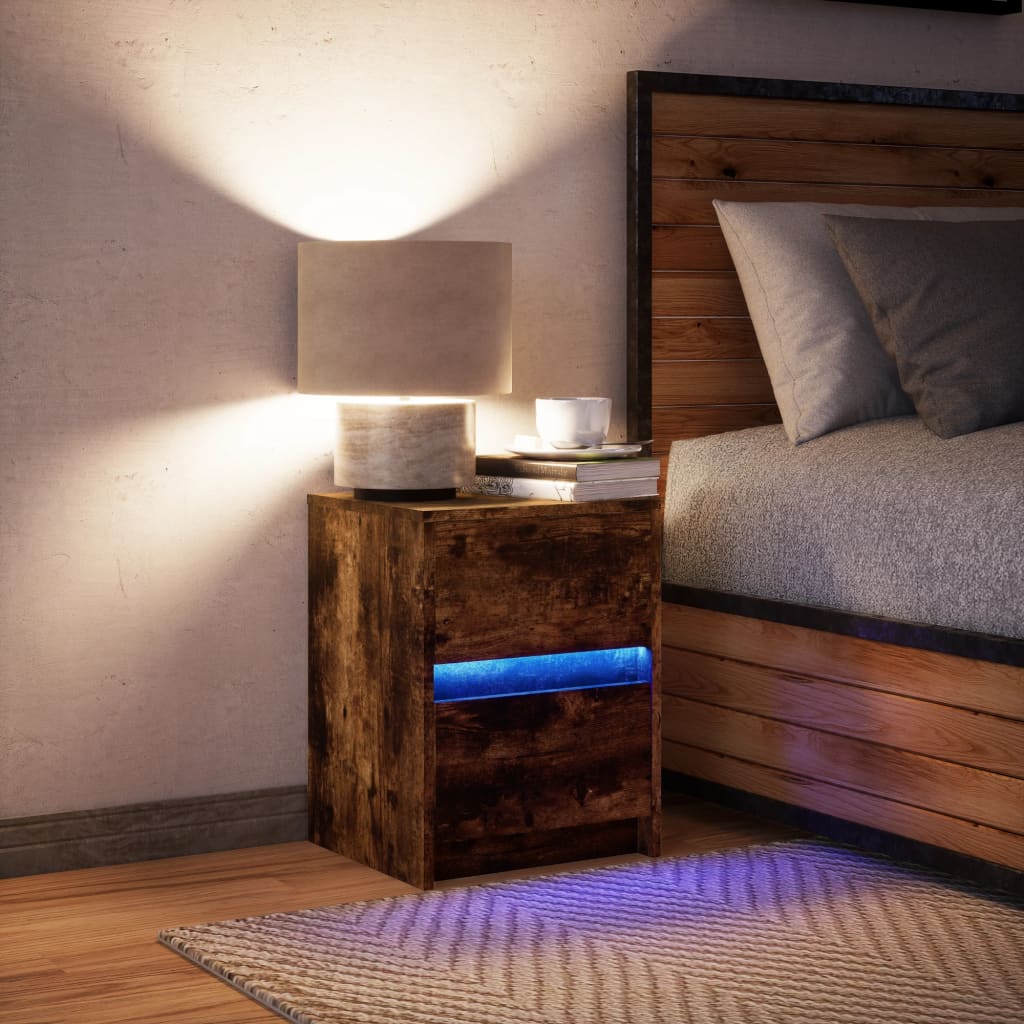 vidaXL Mesita de noche con luces LED madera ingeniería roble ahumado