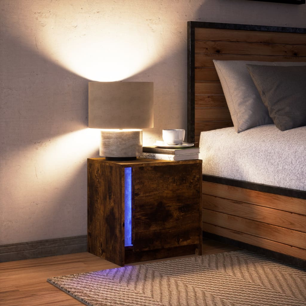 vidaXL Mesita de noche con luces LED madera ingeniería roble ahumado