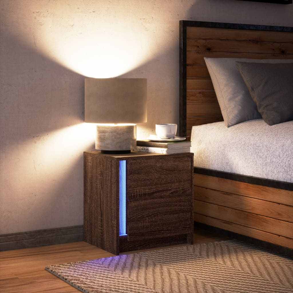 vidaXL Mesita de noche con luces LED madera de ingeniería roble marrón