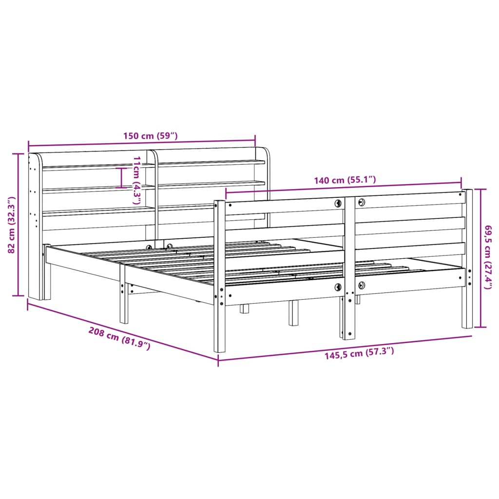 vidaXL Cama sin colchón madera maciza de pino marrón cera 140x190 cm