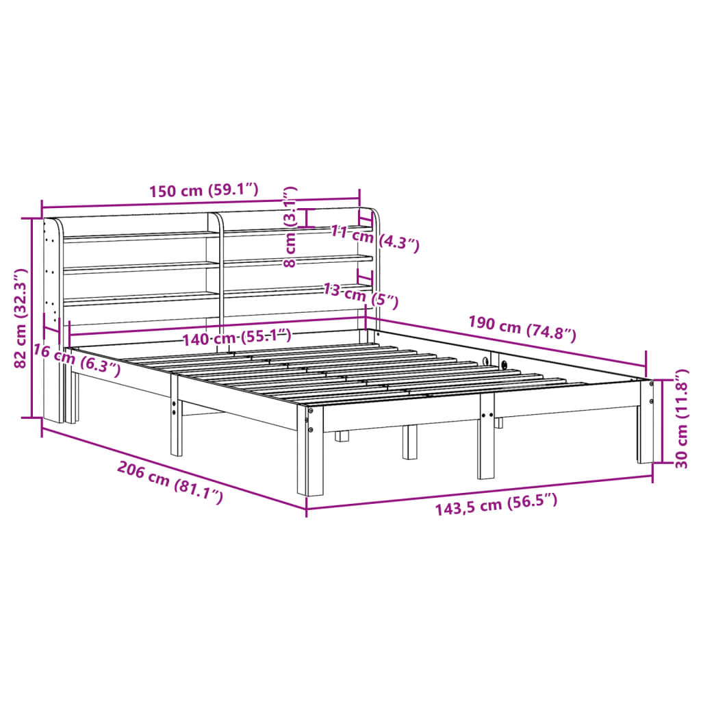 vidaXL Cama sin colchón madera maciza de pino marrón cera 140x190 cm