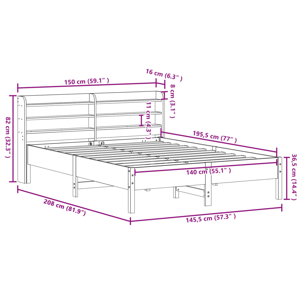 vidaXL Cama sin colchón madera maciza de pino marrón cera 140x190 cm