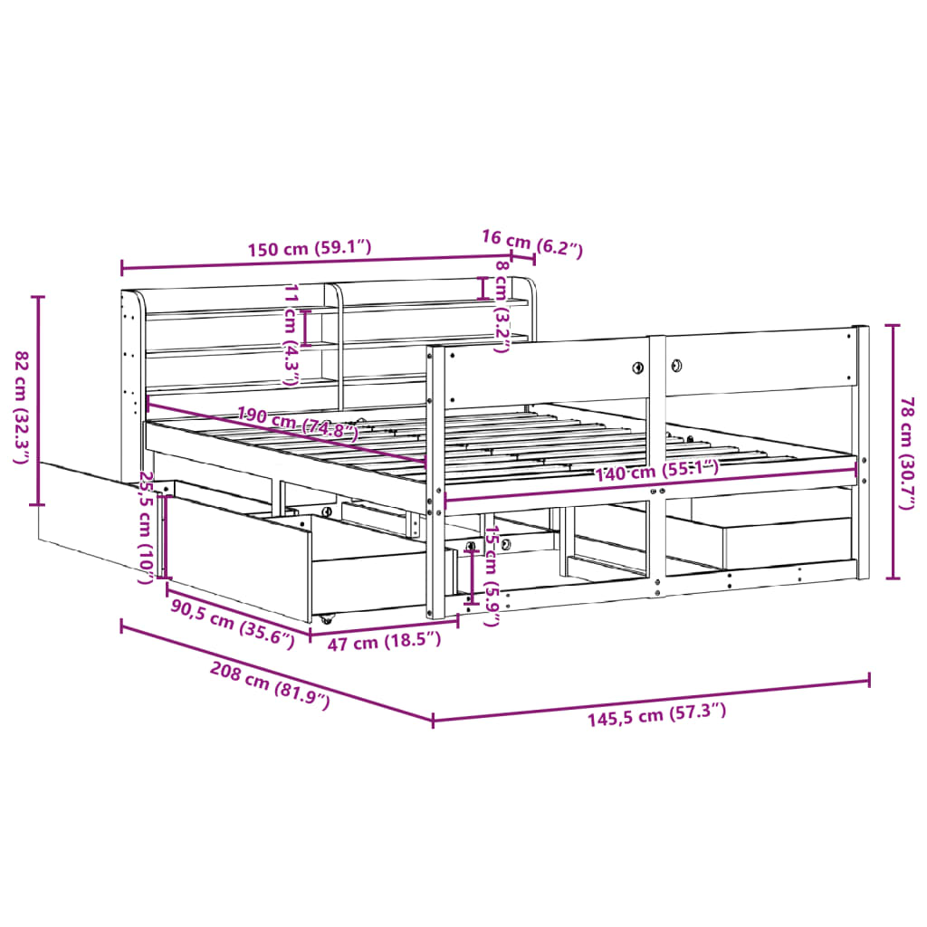 vidaXL Cama sin colchón madera maciza de pino marrón cera 140x190 cm