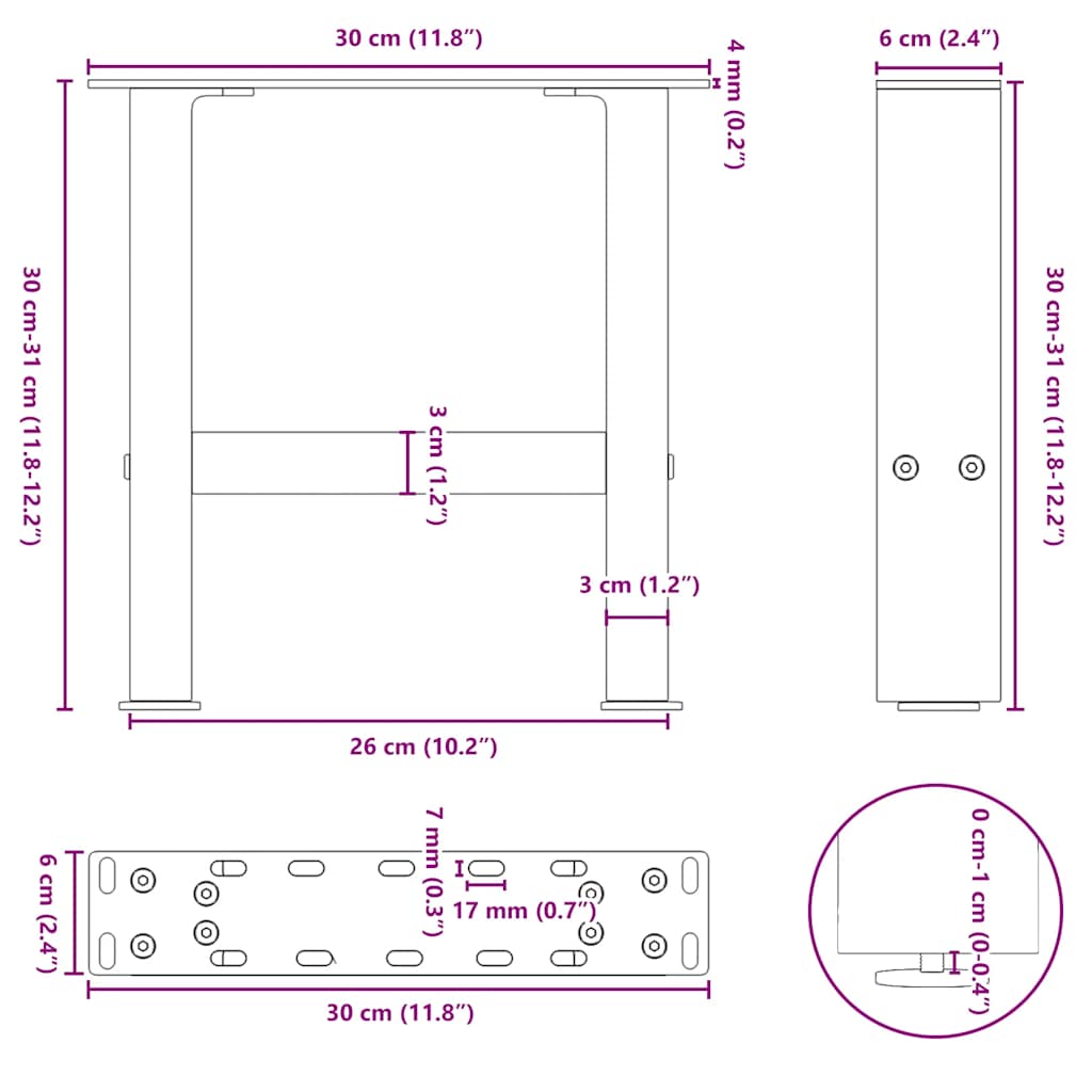 vidaXL Patas de mesa de centro antracita 2uds acero 30x(30-31) cm