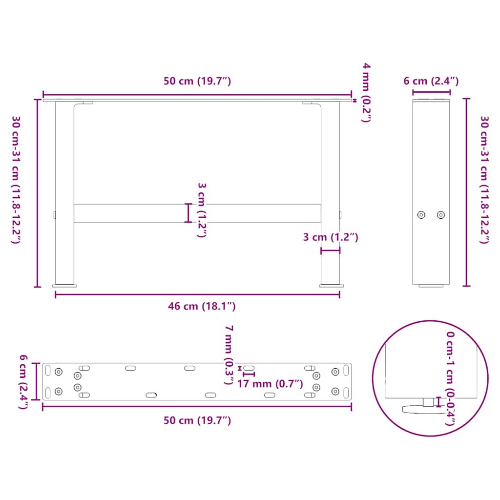 vidaXL Patas de mesa de centro blanco 2uds acero 50x(30-31) cm