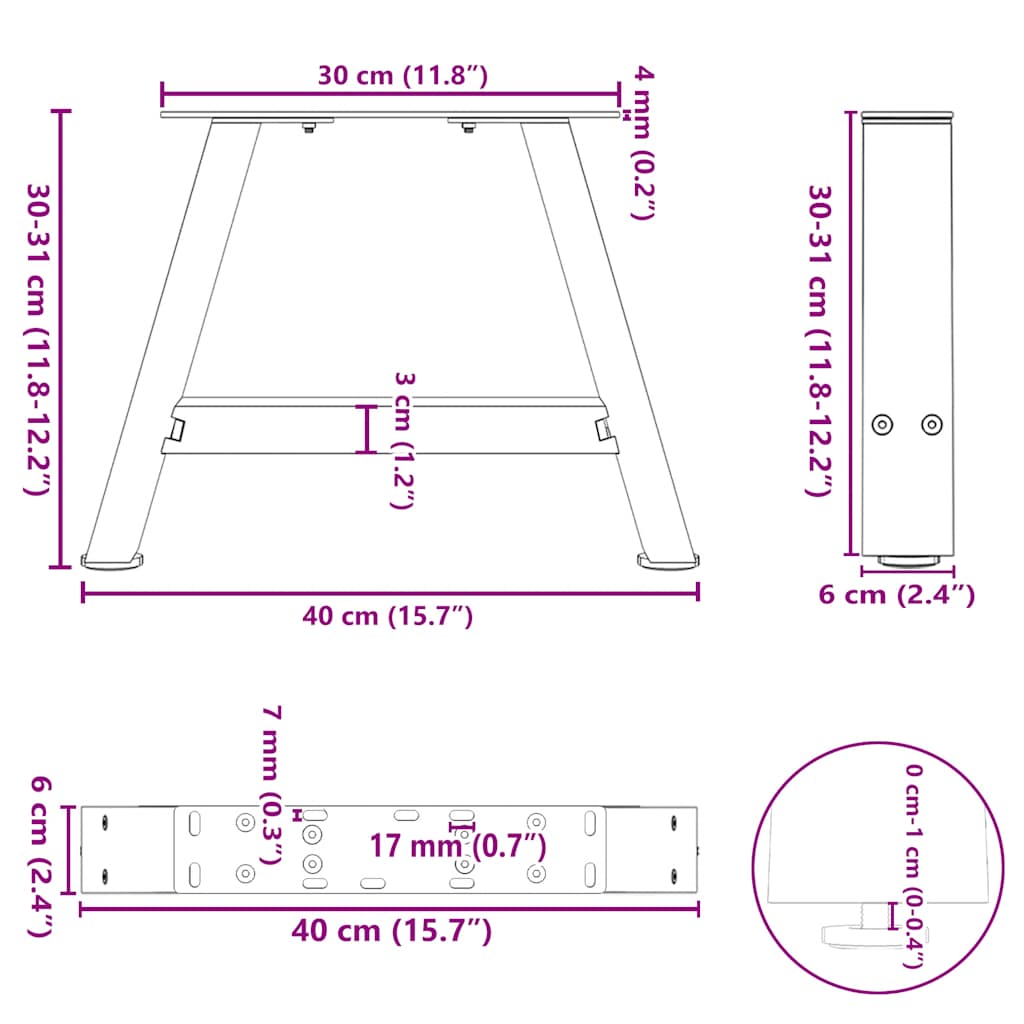 vidaXL Patas de mesa de centro forma A 2uds acero blanco 40x(30-31) cm