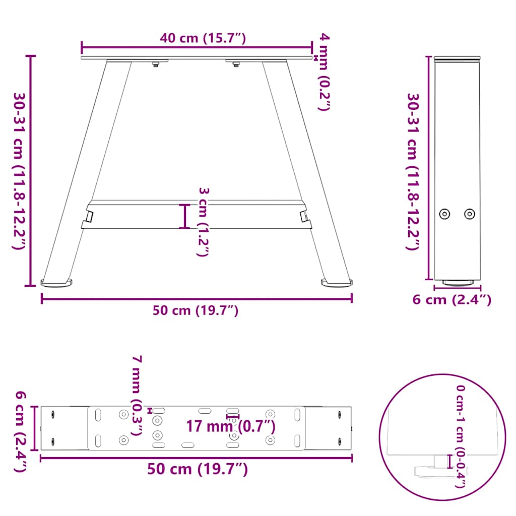 vidaXL Patas de mesa centro forma A 2uds acero antracita 50x(30-31) cm