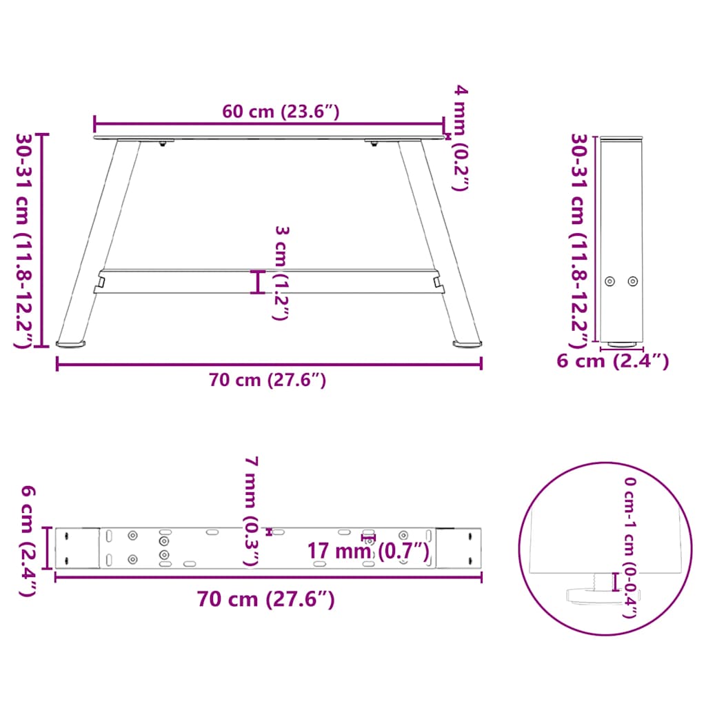 vidaXL Patas de mesa centro forma A 2uds acero antracita 70x(30-31) cm