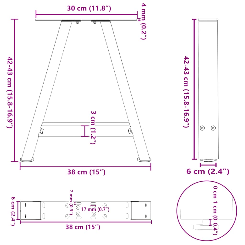 vidaXL Patas de mesa centro forma A 2uds acero antracita 38x(42-43) cm