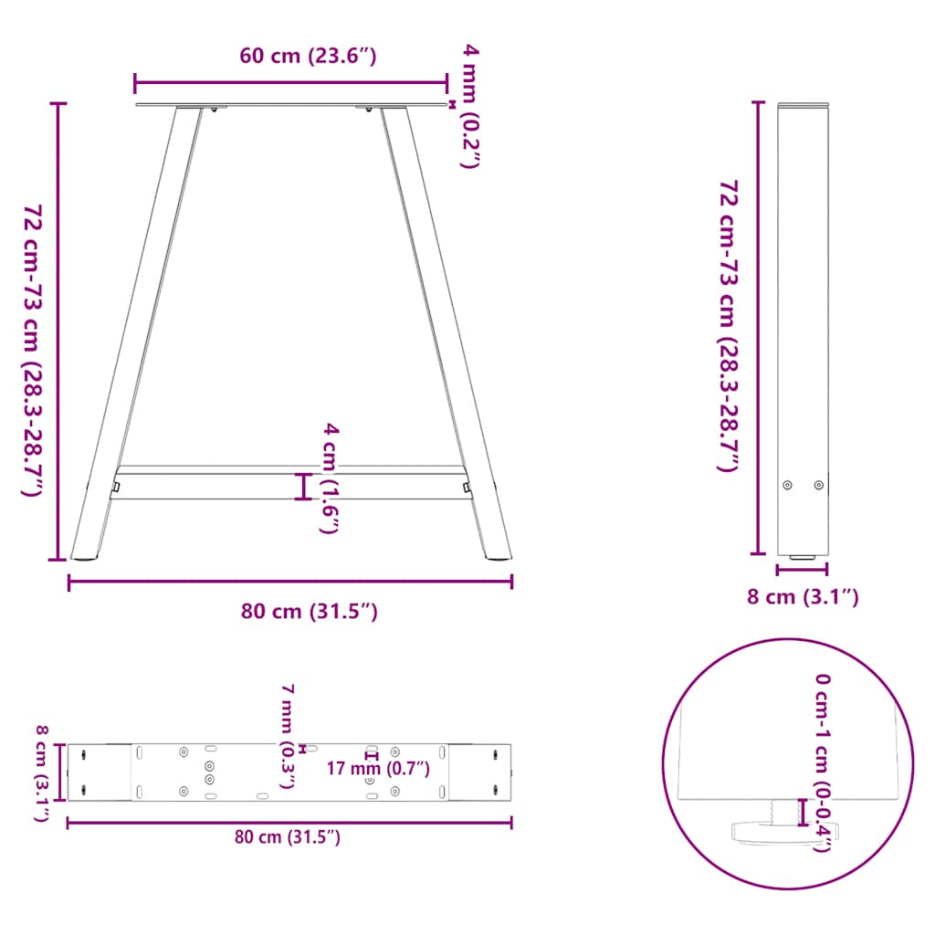 vidaXL Patas de mesa centro forma A 2uds acero antracita 80x(72-73) cm