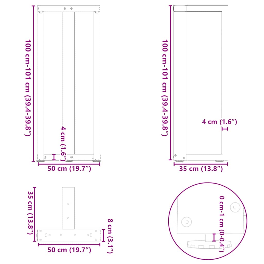 vidaXL Patas de mesa bar forma T 2 uds acero negro 50x35x(101-102) cm