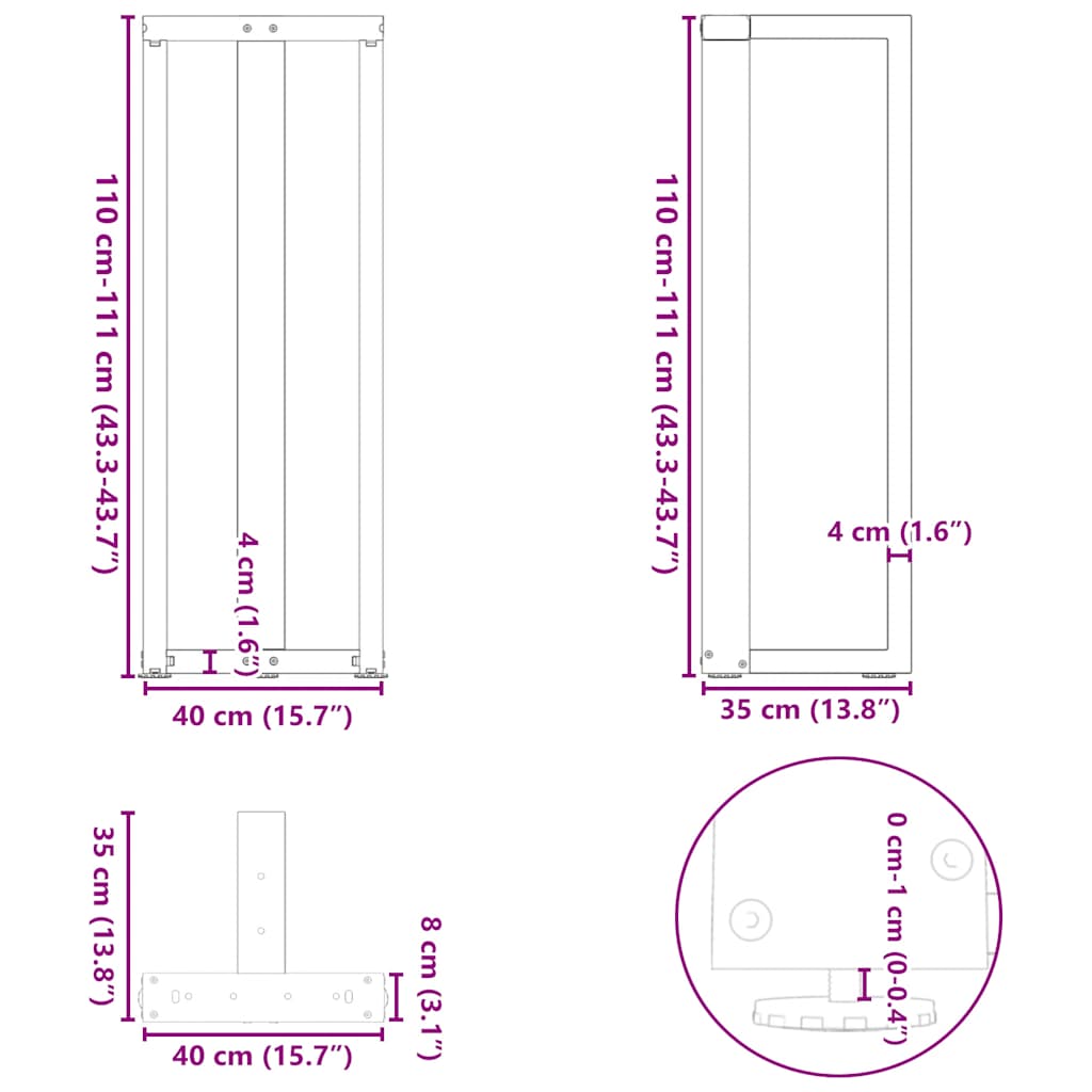 vidaXL Patas de mesa bar forma T 2 uds acero blanco 40x35x(111-112) cm