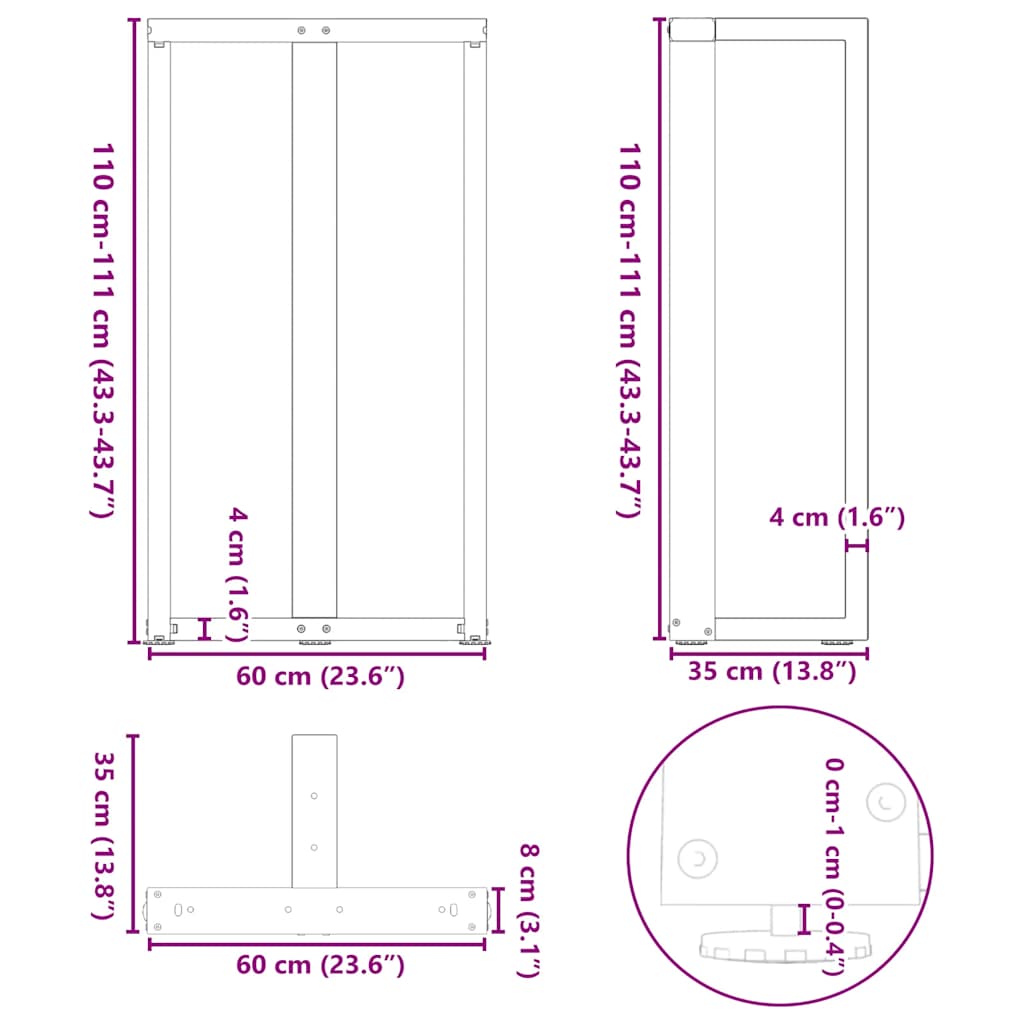 vidaXL Patas de mesa bar forma T 2 uds acero negro 60x35x(111-112) cm