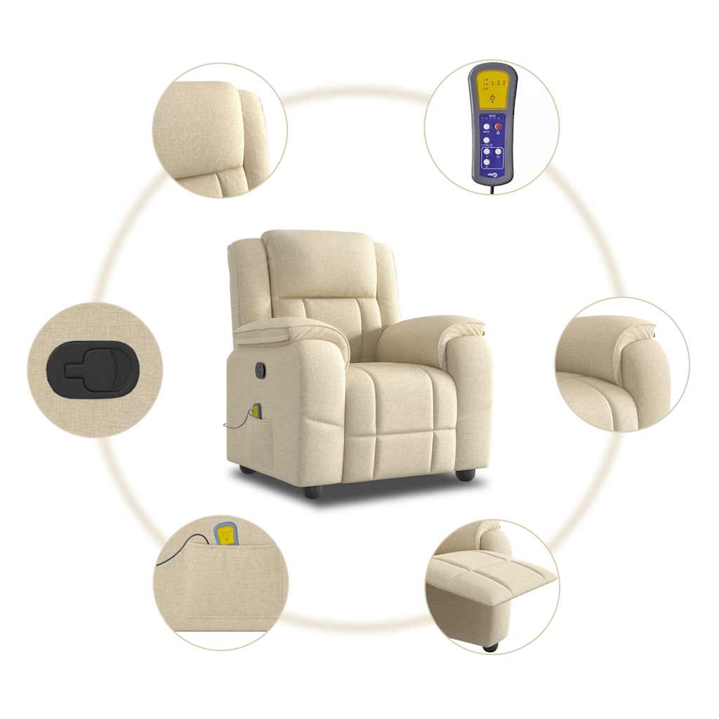 vidaXL Sillón de masaje reclinable de tela crema