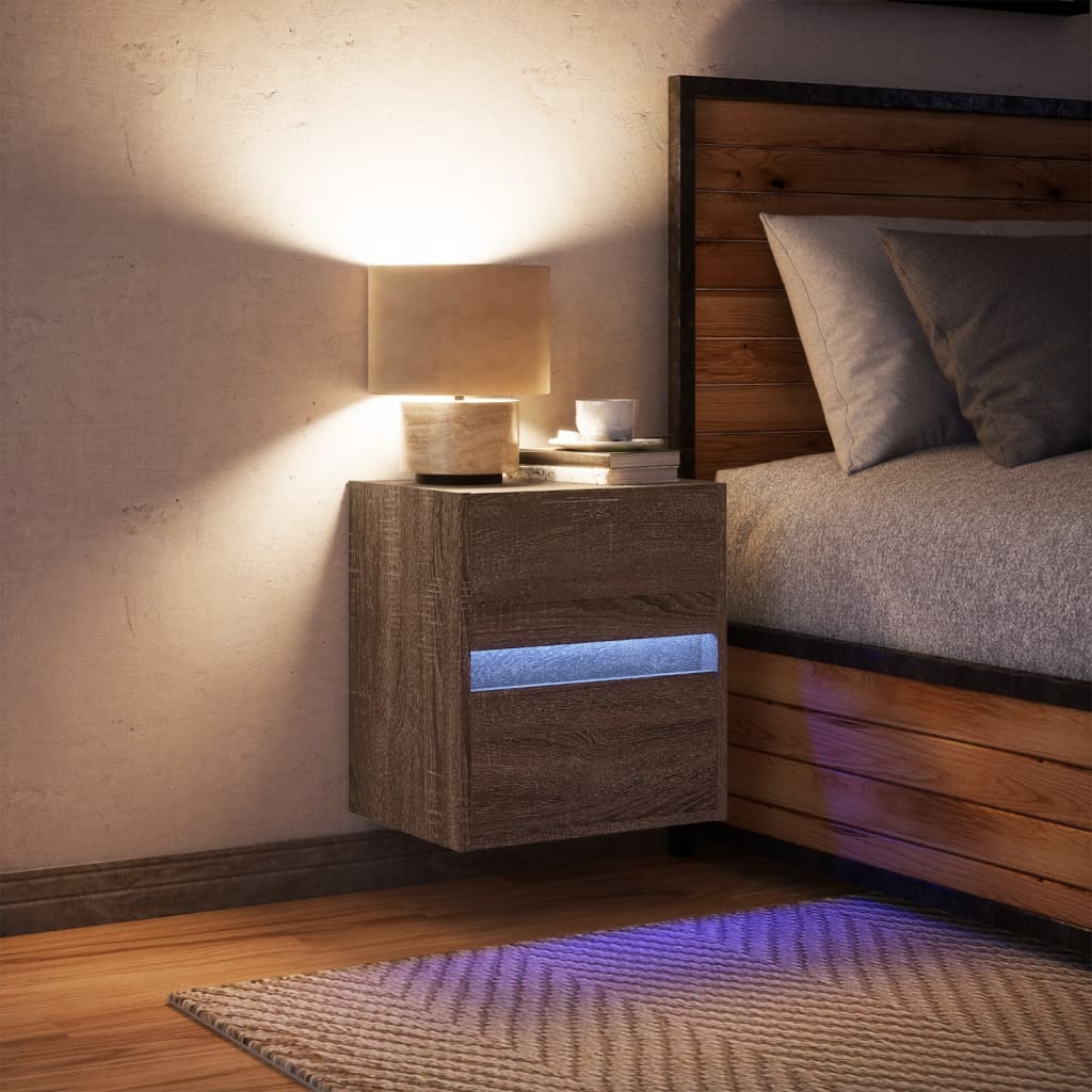 vidaXL Mesita de noche de pared con luces LED roble marrón