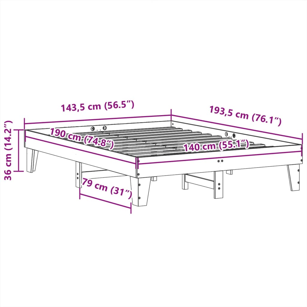 vidaXL Cama sin colchón madera maciza de pino marrón cera 140x190 cm