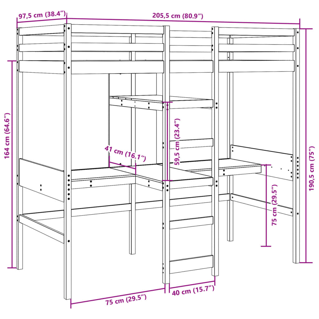 vidaXL Cama alta escritorio y estantes madera maciza blanco 90x200 cm