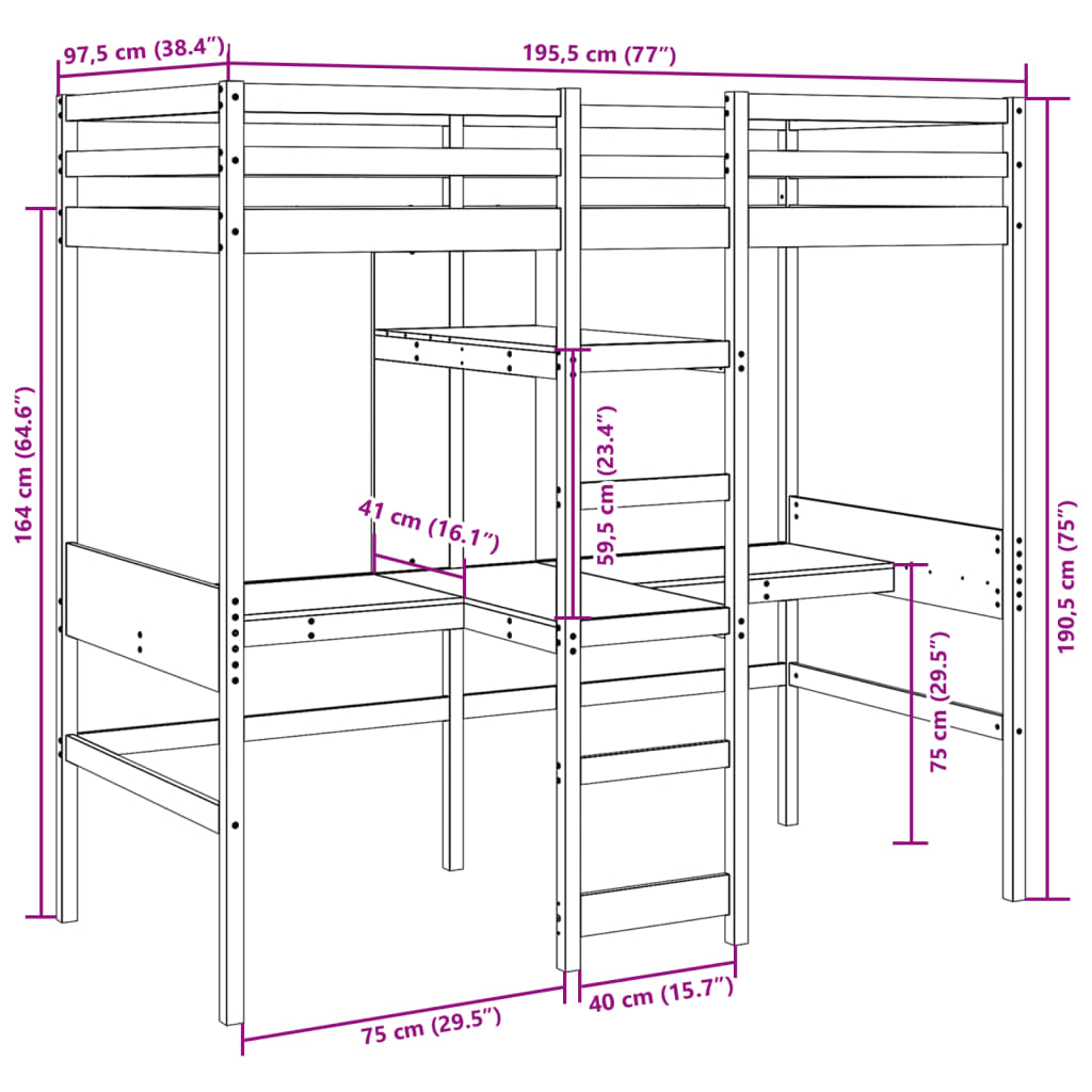 vidaXL Cama alta sin colchón madera maciza pino marrón cera 90x190 cm