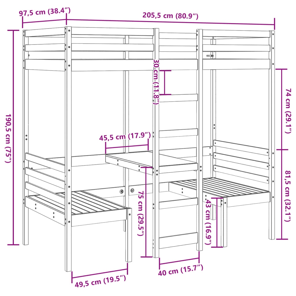 vidaXL Cama alta escritorio y asientos madera maciza blanco 90x200 cm