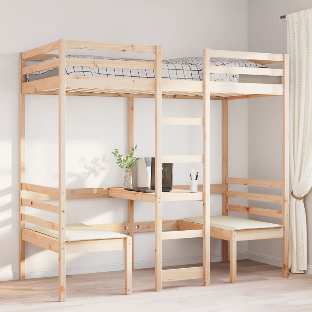 vidaXL Cama alta con escritorio y asientos madera maciza 80x200 cm