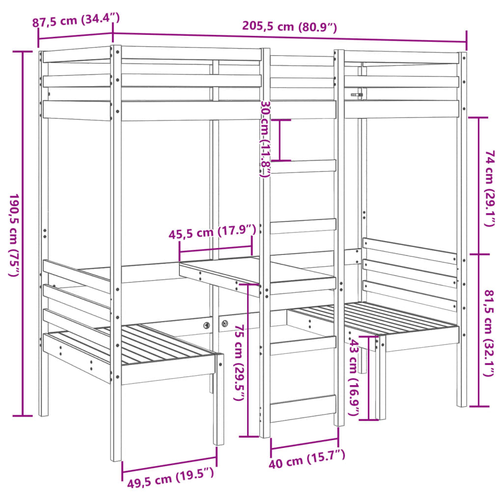 vidaXL Cama alta con escritorio y asientos madera maciza 80x200 cm