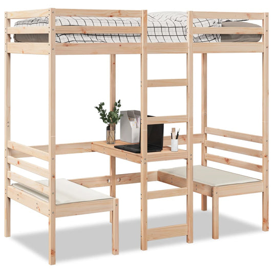 vidaXL Cama alta con escritorio y asientos madera maciza 80x200 cm