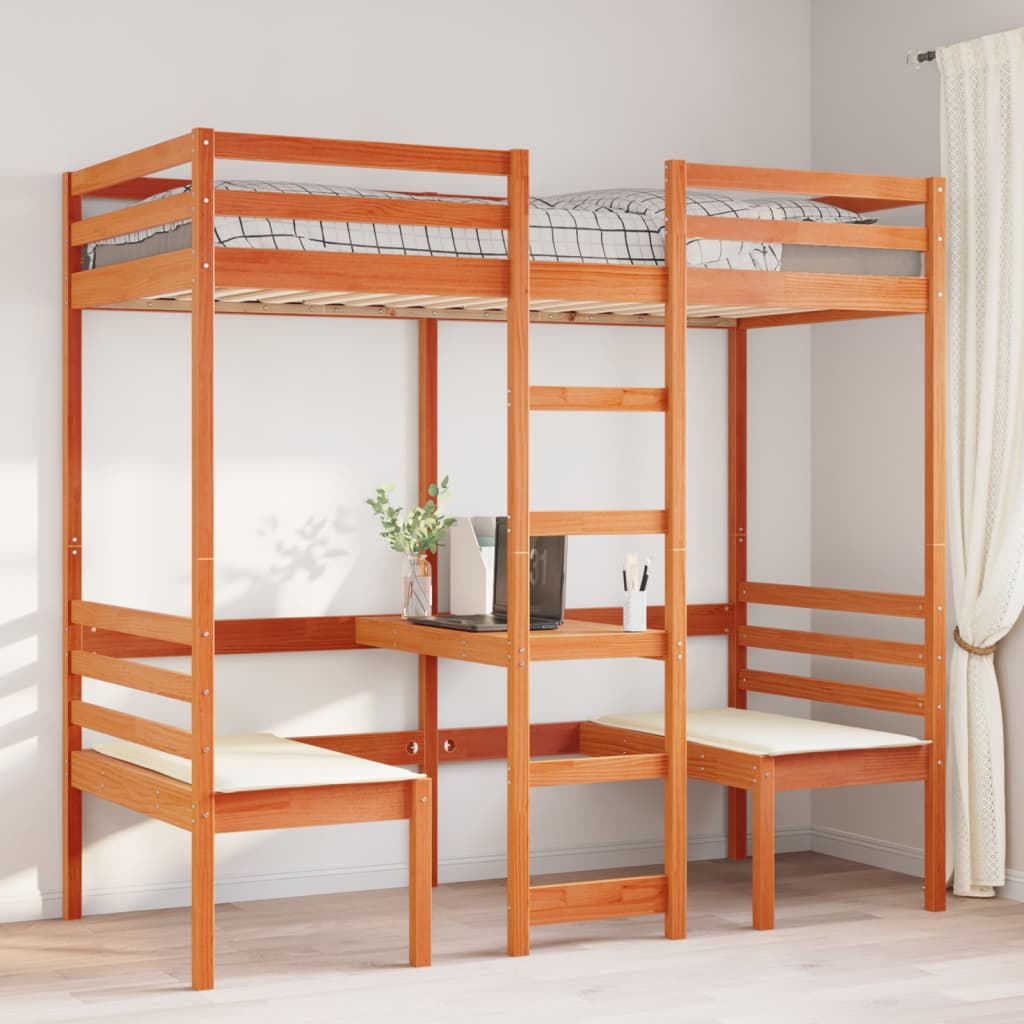 vidaXL Cama alta escritorio y asientos madera maciza marrón 90x190 cm