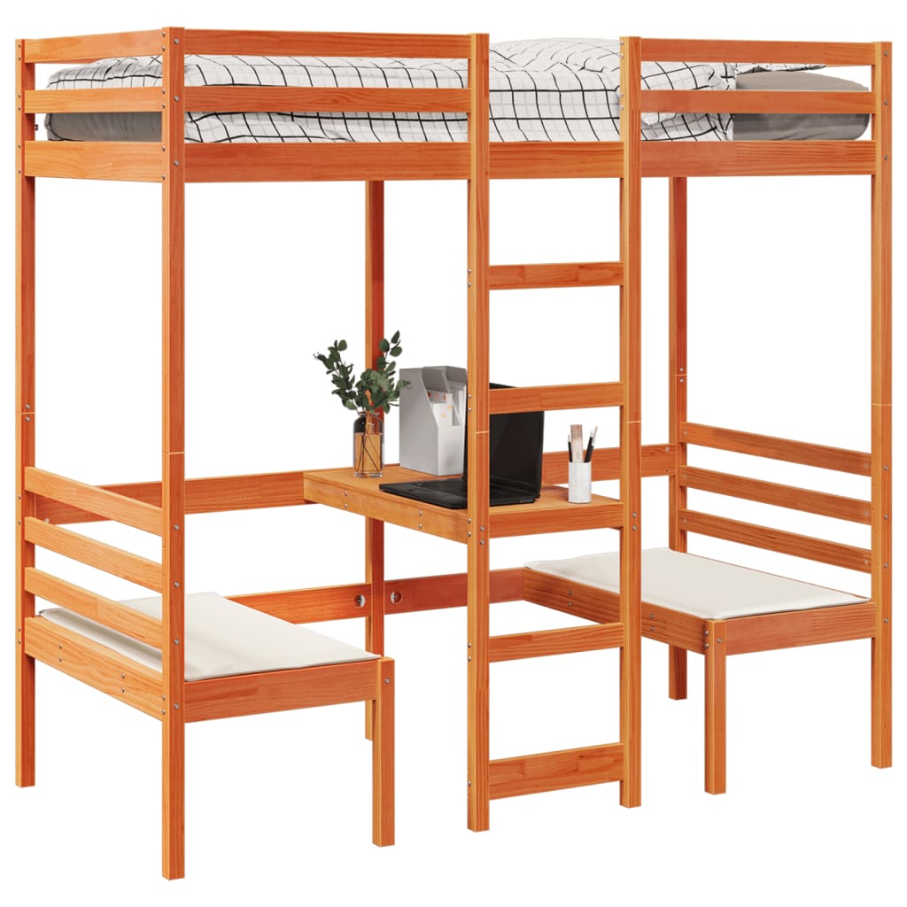 vidaXL Cama alta escritorio y asientos madera maciza marrón 90x190 cm