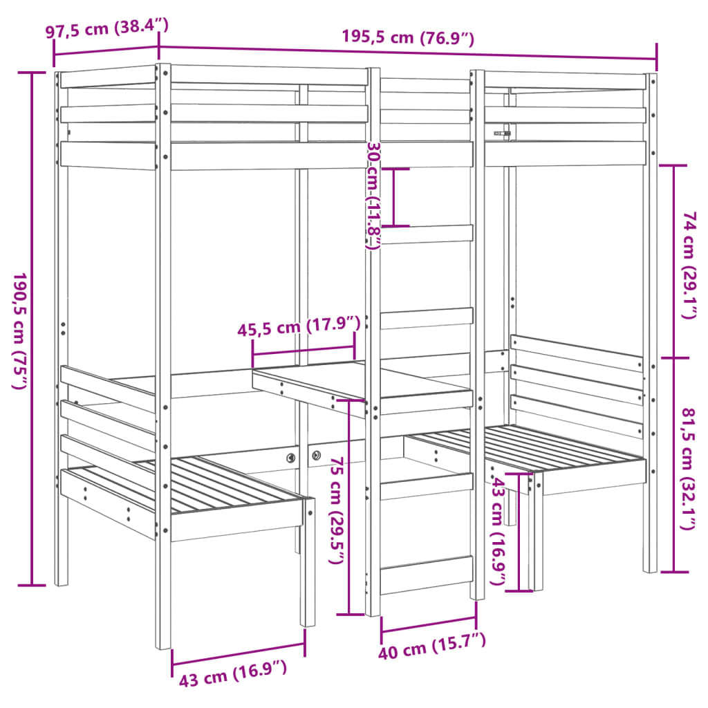 vidaXL Cama alta escritorio y asientos madera maciza marrón 90x190 cm