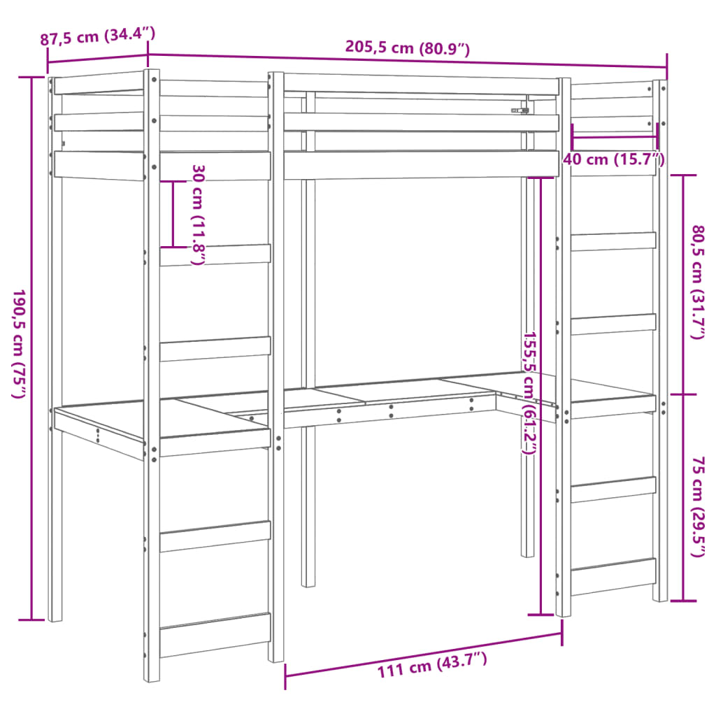 vidaXL Cama alta sin colchón madera maciza de pino 80x200 cm