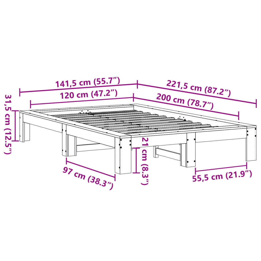 vidaXL Cama sin colchón madera maciza de pino marrón cera 120x200 cm