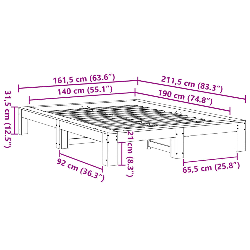 vidaXL Cama sin colchón madera maciza de pino marrón cera 140x190 cm