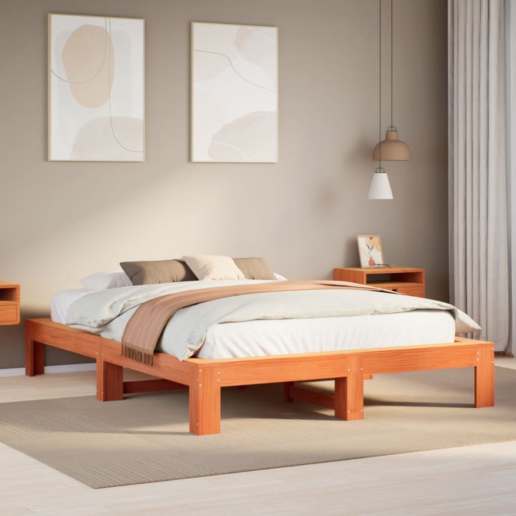 vidaXL Cama sin colchón madera maciza de pino marrón cera 140x190 cm