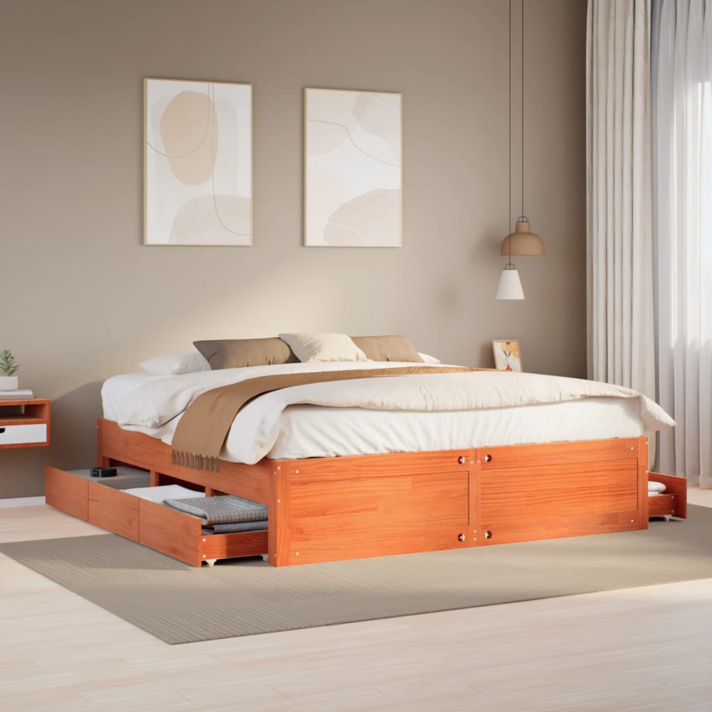 vidaXL Cama con cajones sin colchón madera maciza marrón 180x200 cm