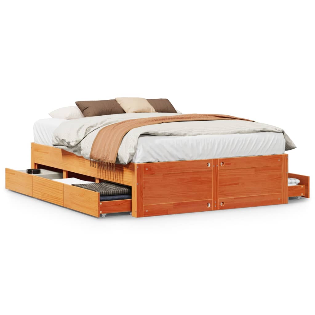 vidaXL Cama con cajones sin colchón madera maciza marrón 160x200 cm