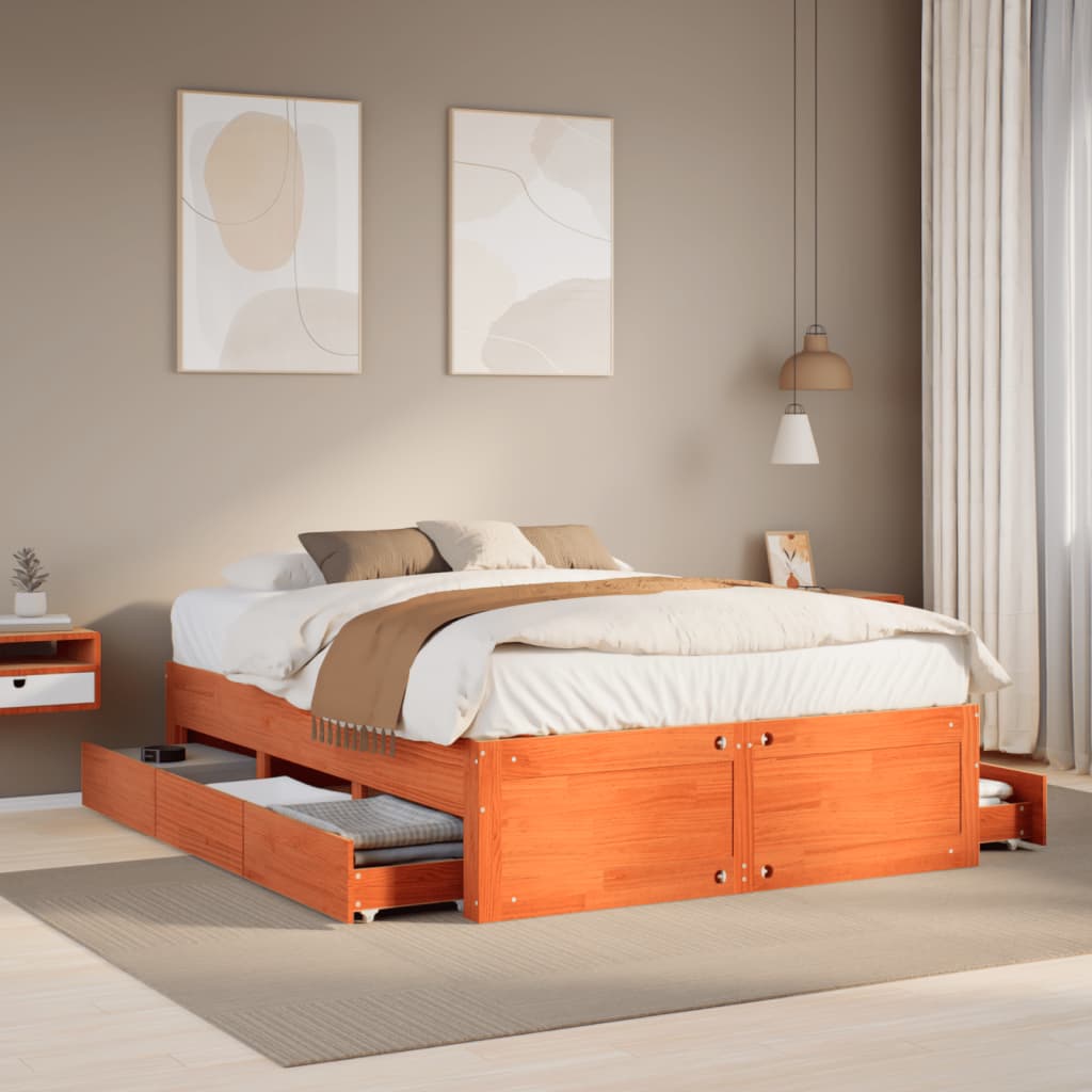 vidaXL Cama con cajones sin colchón madera maciza marrón 160x200 cm