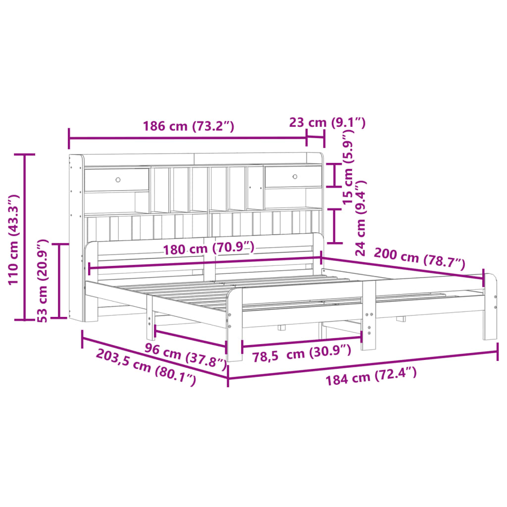 vidaXL Cama con estantería sin colchón madera maciza marrón 180x200cm