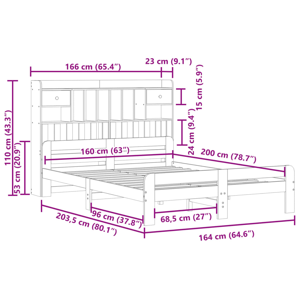 vidaXL Cama con estantería sin colchón madera maciza blanca 160x200 cm