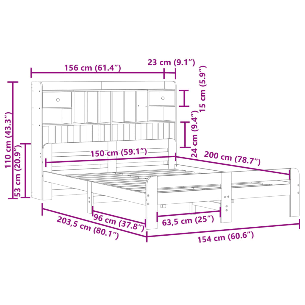 vidaXL Cama con estantería sin colchón madera maciza de pino 150x200cm