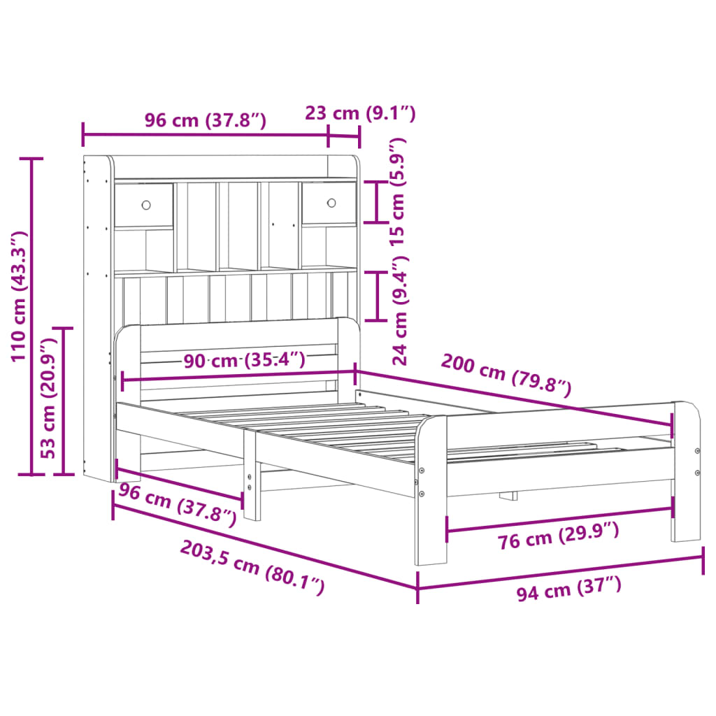 vidaXL Sofá con estantería sin colchón madera maciza marrón 90x200 cm