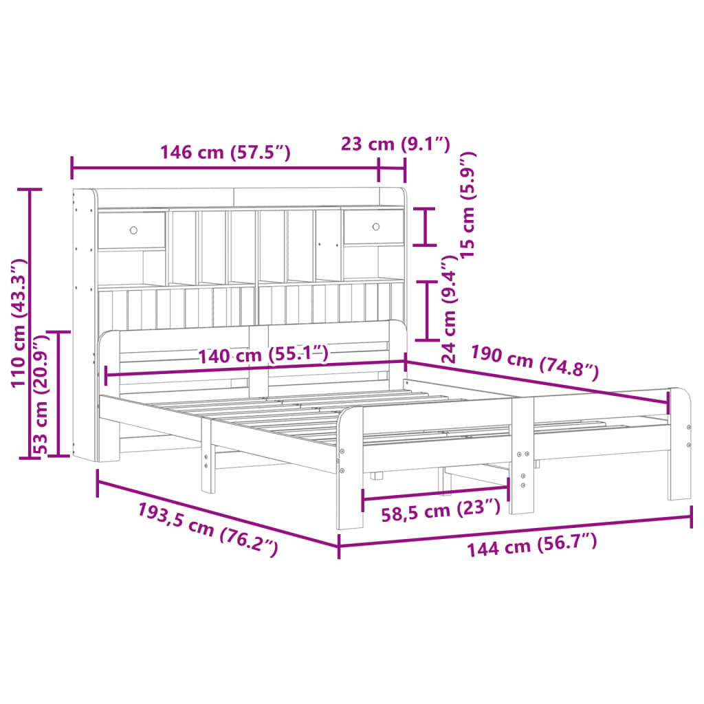 vidaXL Cama con estantería sin colchón madera maciza de pino 140x190cm